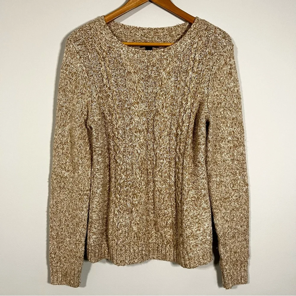 Tommy Hilfiger Oatmeal Crew Cable Knit Women’s Sweater Elbow Patches Size M